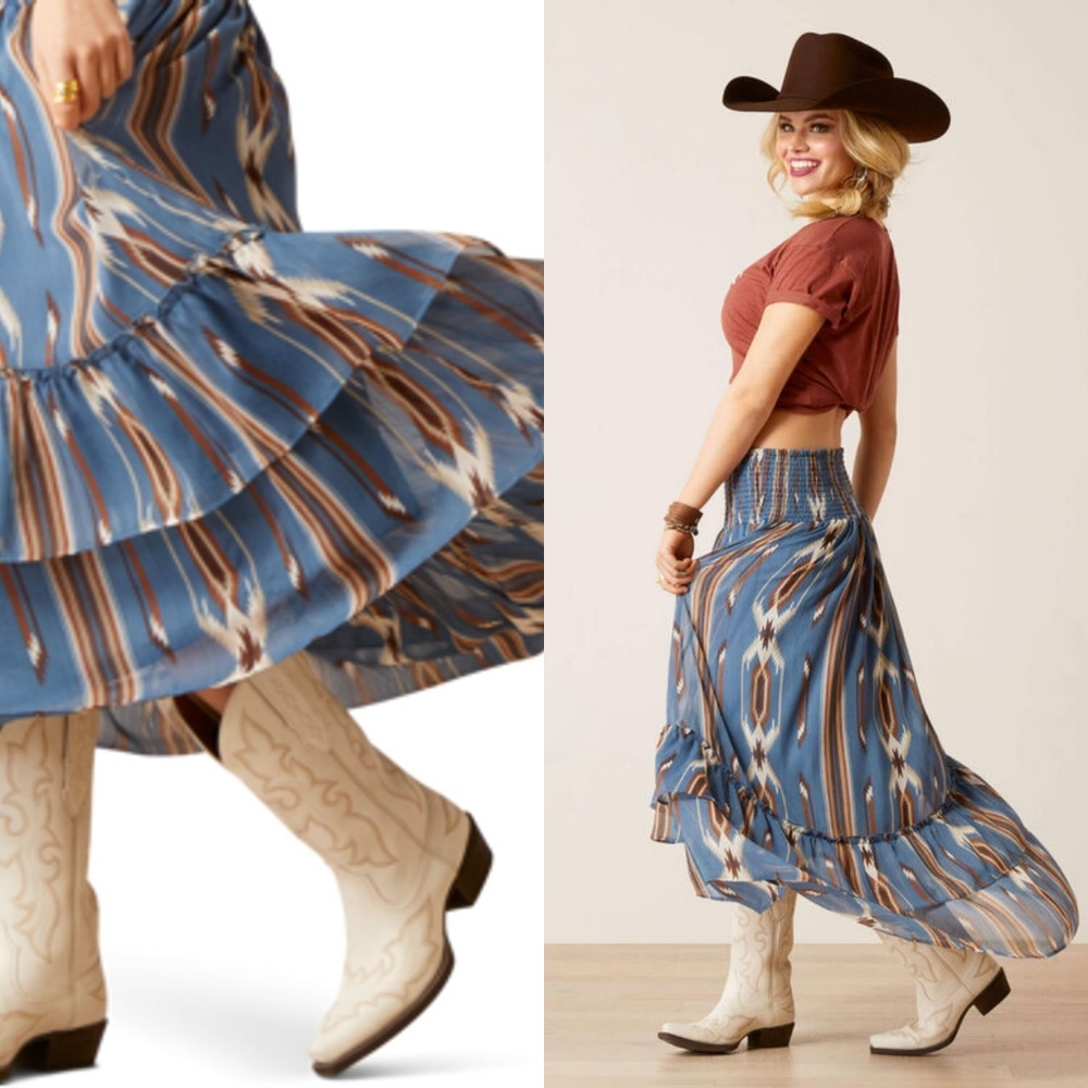 ARIAT JACOBO CHIMAYO SOUTHWESTERN AZTEC PRINT RUFFLED HI LOW HEM MIDI SKIRT - Picture 15 of 15